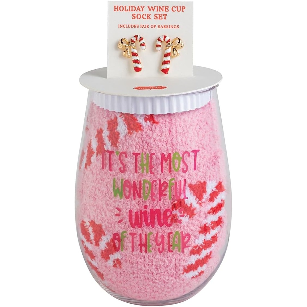 imageMud Pie Womens Holiday Candy Cane Wine Cup and Sock Set