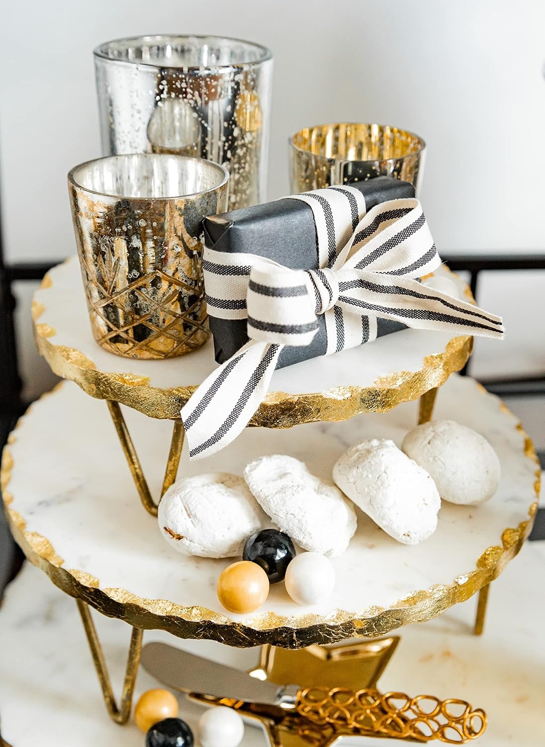 image:imageMud Pie Marble and Gold Edge Riser Set small 3 x 8 dia large 4 x 10 dia