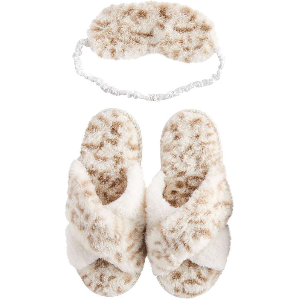 image:imageMud Pie Womens Leopard Fuzzy Slipper and Eyemask SetCream