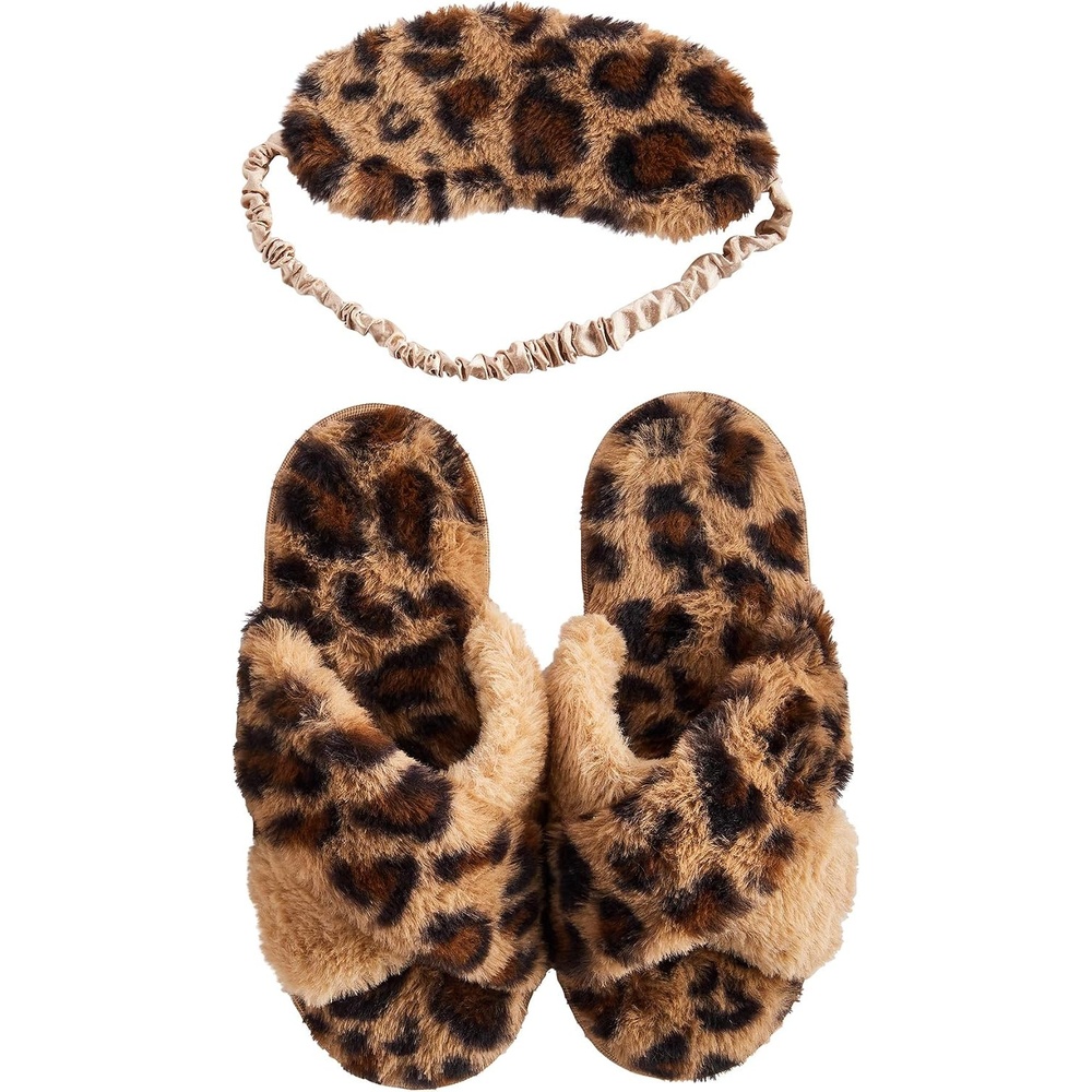 image:imageMud Pie Womens Leopard Fuzzy Slipper and Eyemask SetTan