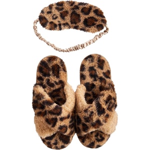 Mud Pie Women’s Leopard Fuzzy Slipper and Eyemask Set(Tan)