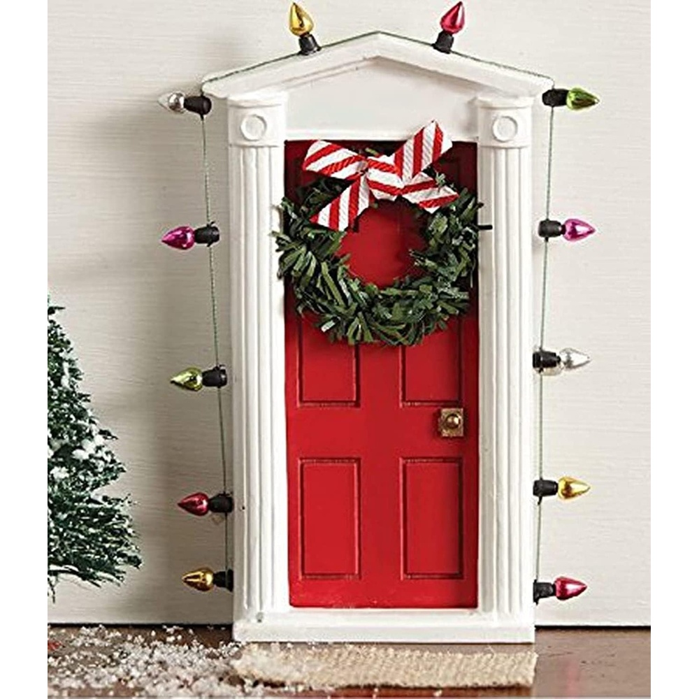 image:imageStanding miniature dimensional door surrounded with lights and tiny faux wreath with bow allows special entry for fairies and elves