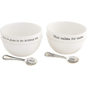 Mud Pie Salsa and Guacamole Dip Bowl Set with Spoons, White Ceramic Bowls