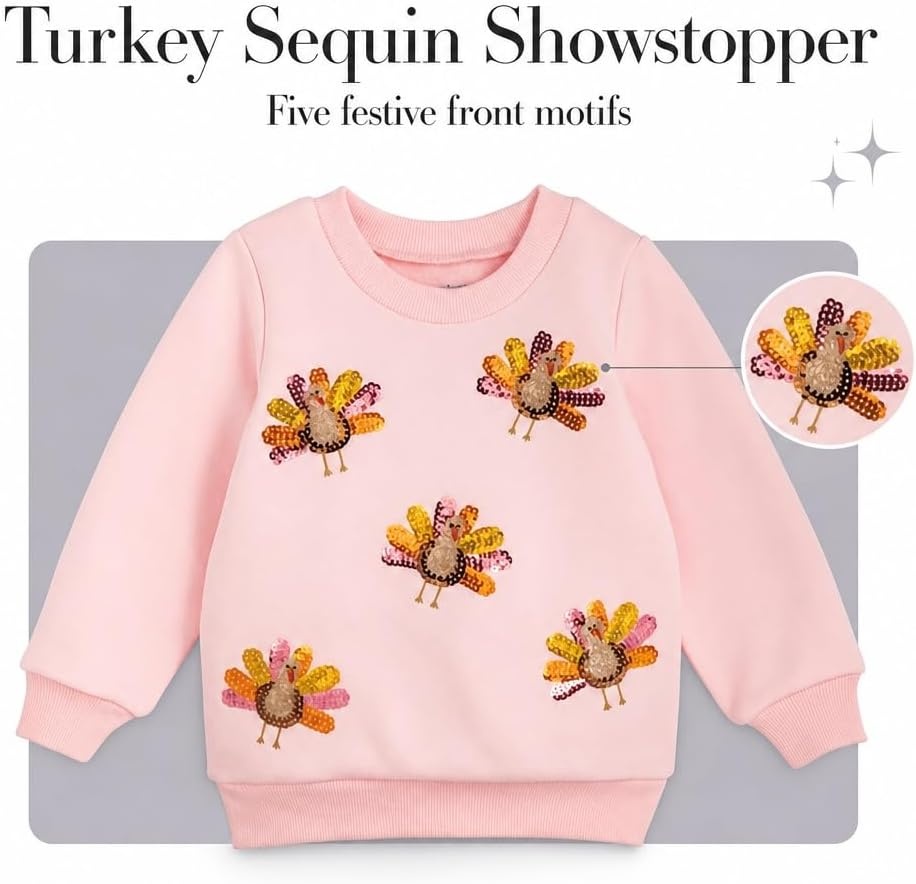 image:imageMud Pie Turkey Sequin Sweatshirt Girls Sweatshirt Holiday Outfit Giftable Kids Clothing Seasonal Outfit Photo Ready Style
