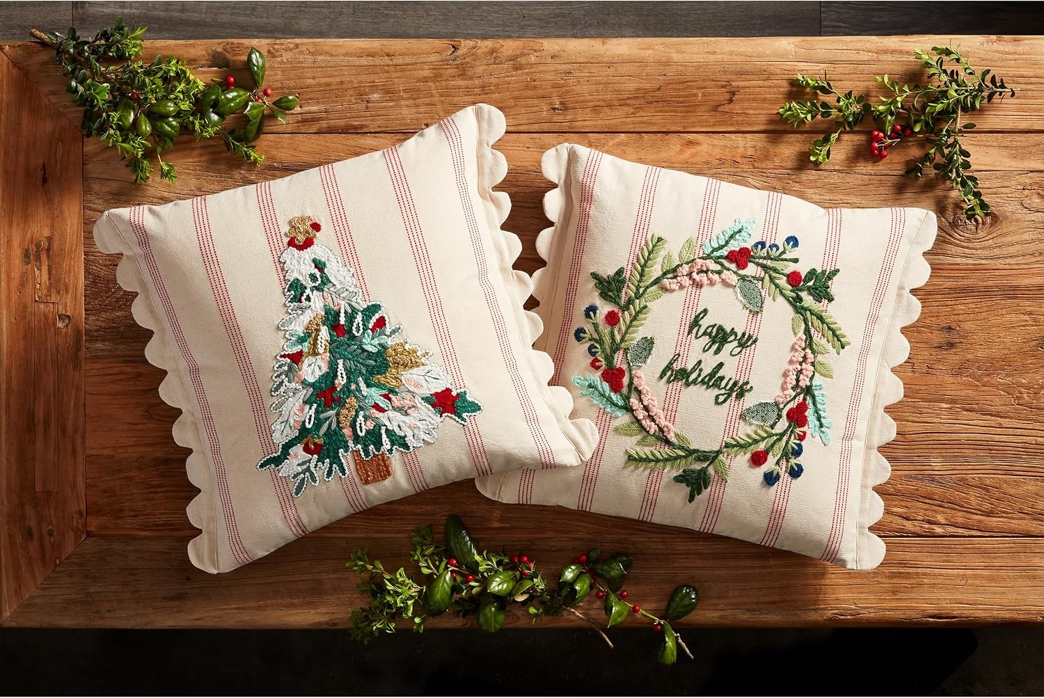 image:imageMud Pie Wreath Striped Emb Pillow 18 x 18 Multi