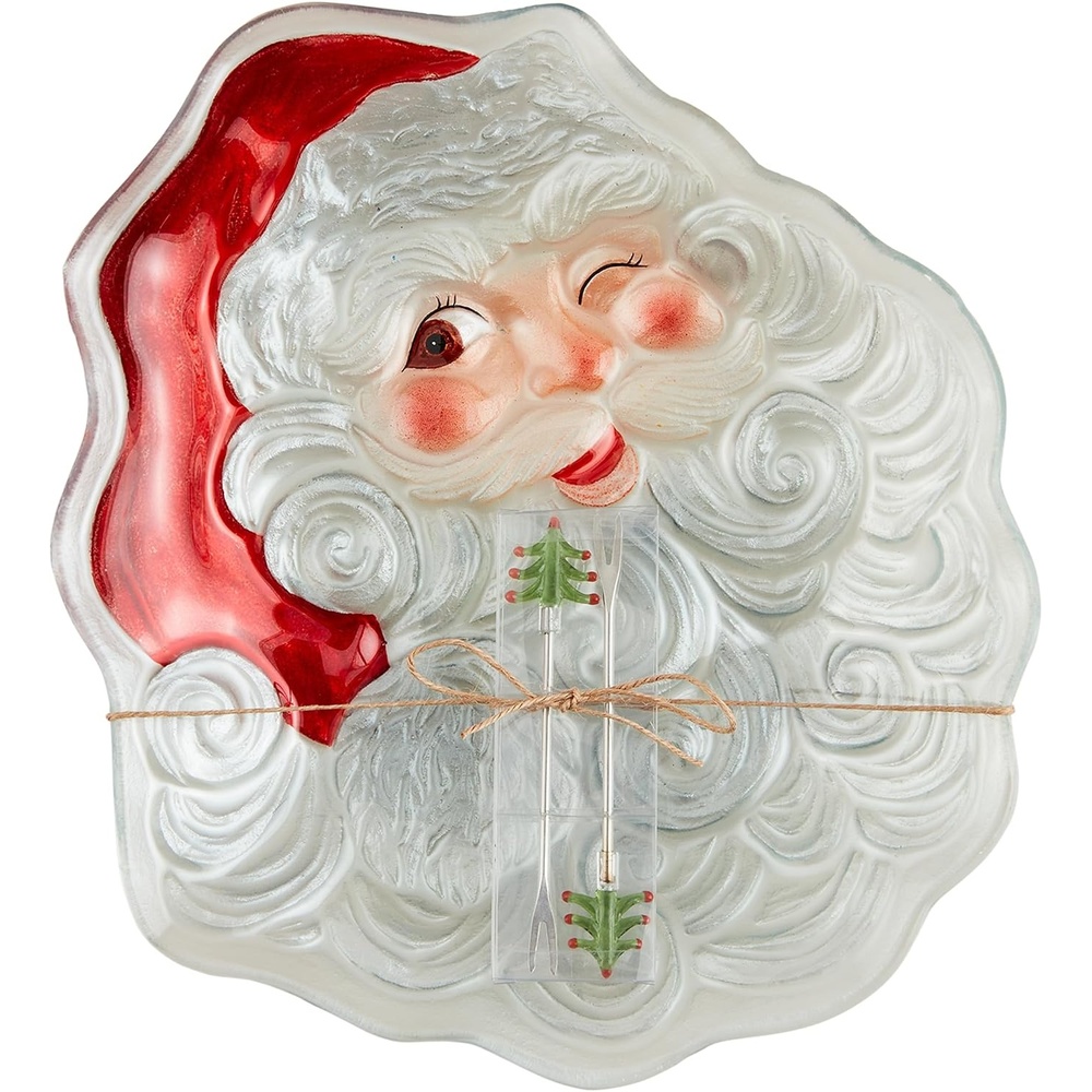 image:imageMud Pie Glass Santa W Picks PLATTERS amp Trays plate 12 x 11 fork 4 34 RED