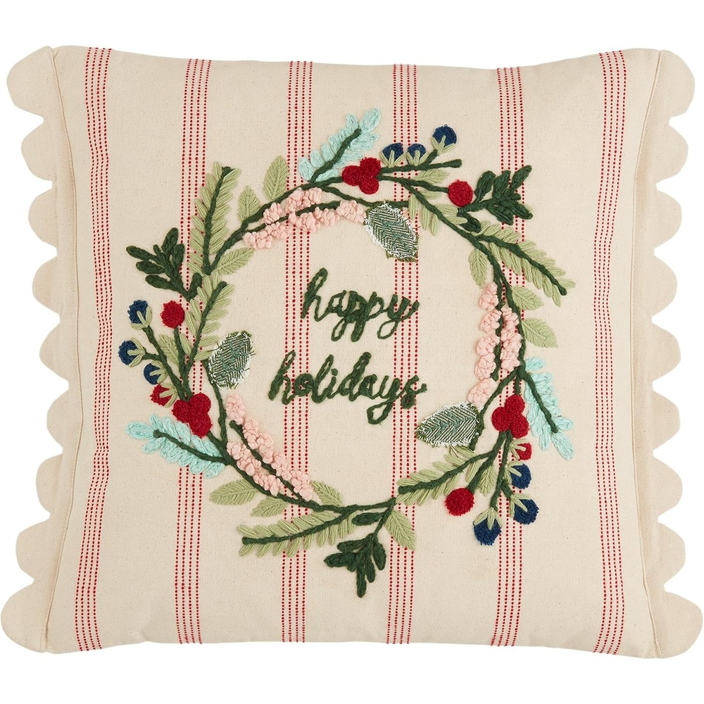 image:imageMud Pie Wreath Striped Emb Pillow 18 x 18 Multi