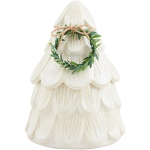 Mud Pie Small White Christmas Tree Canister, Stoneware Cookie Jar with Lid